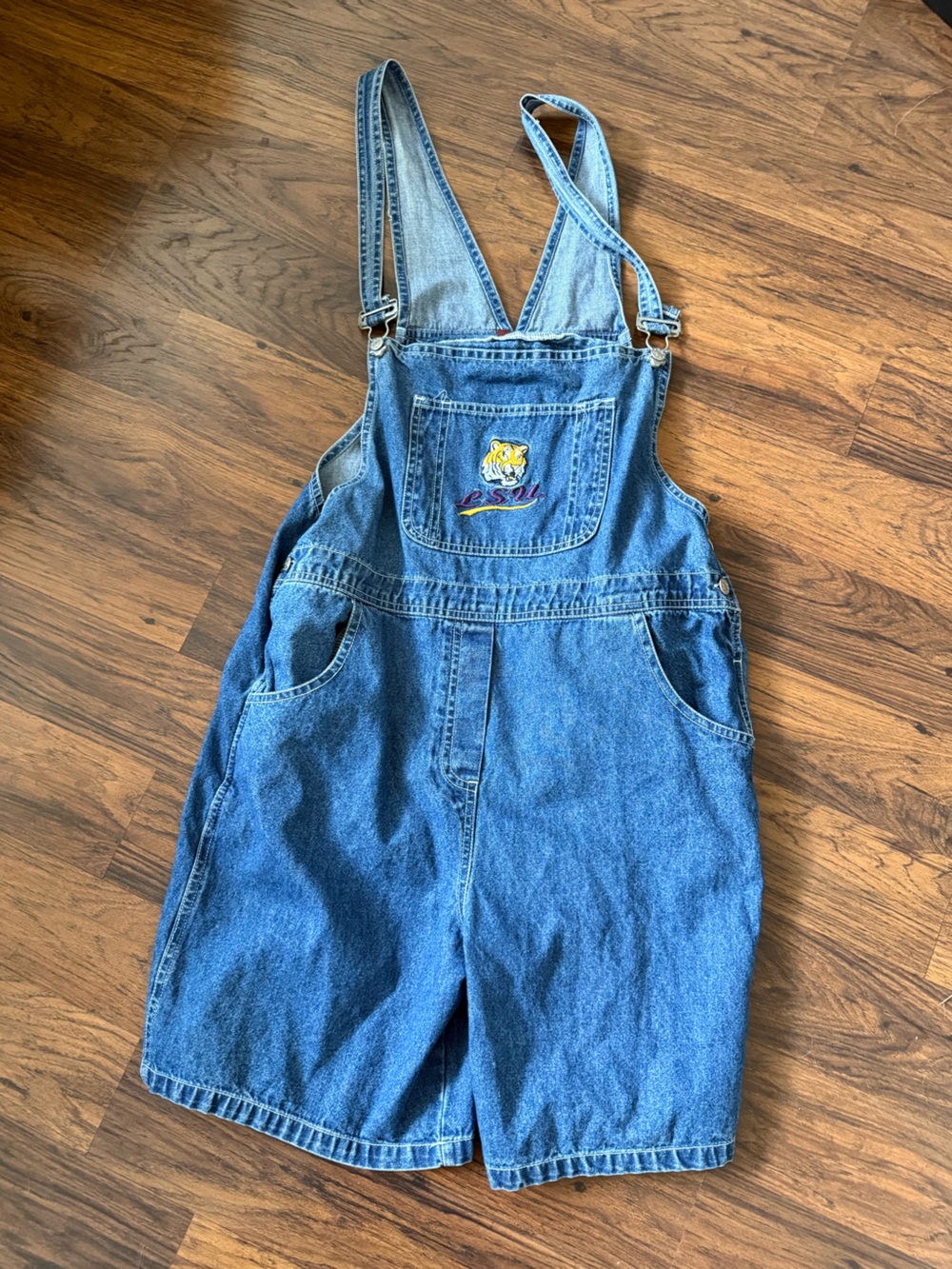 LSU Casual Denim Short Overalls in Medium Blue with Embroidered Tiger